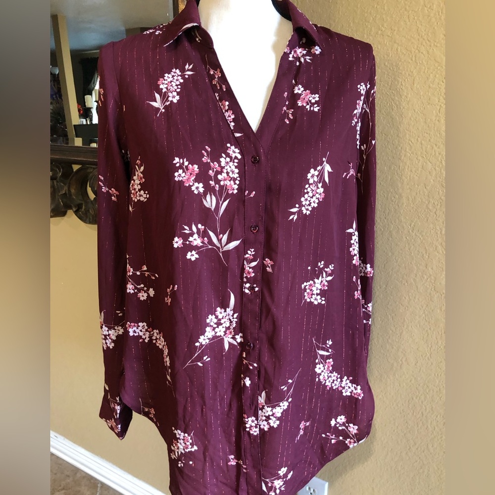 Candie's Burgundy Floral Metallic Pinstripe Button Down Blouse Womens Medium